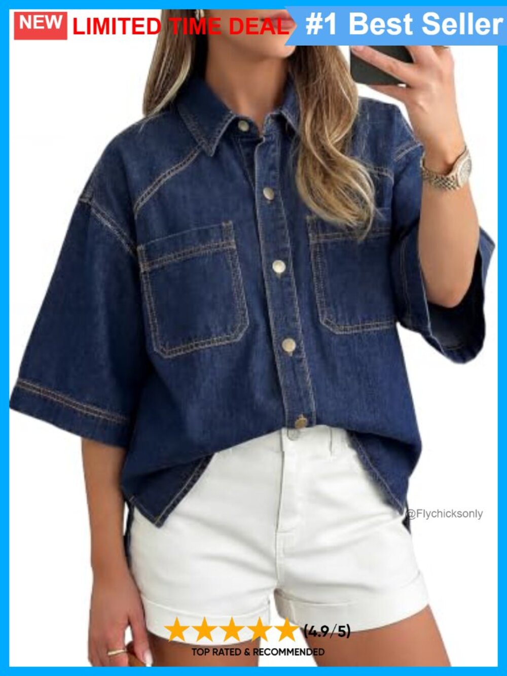 Denim Button Down Shirt Short Sleeve V-Neck Blouse Relaxed Fit